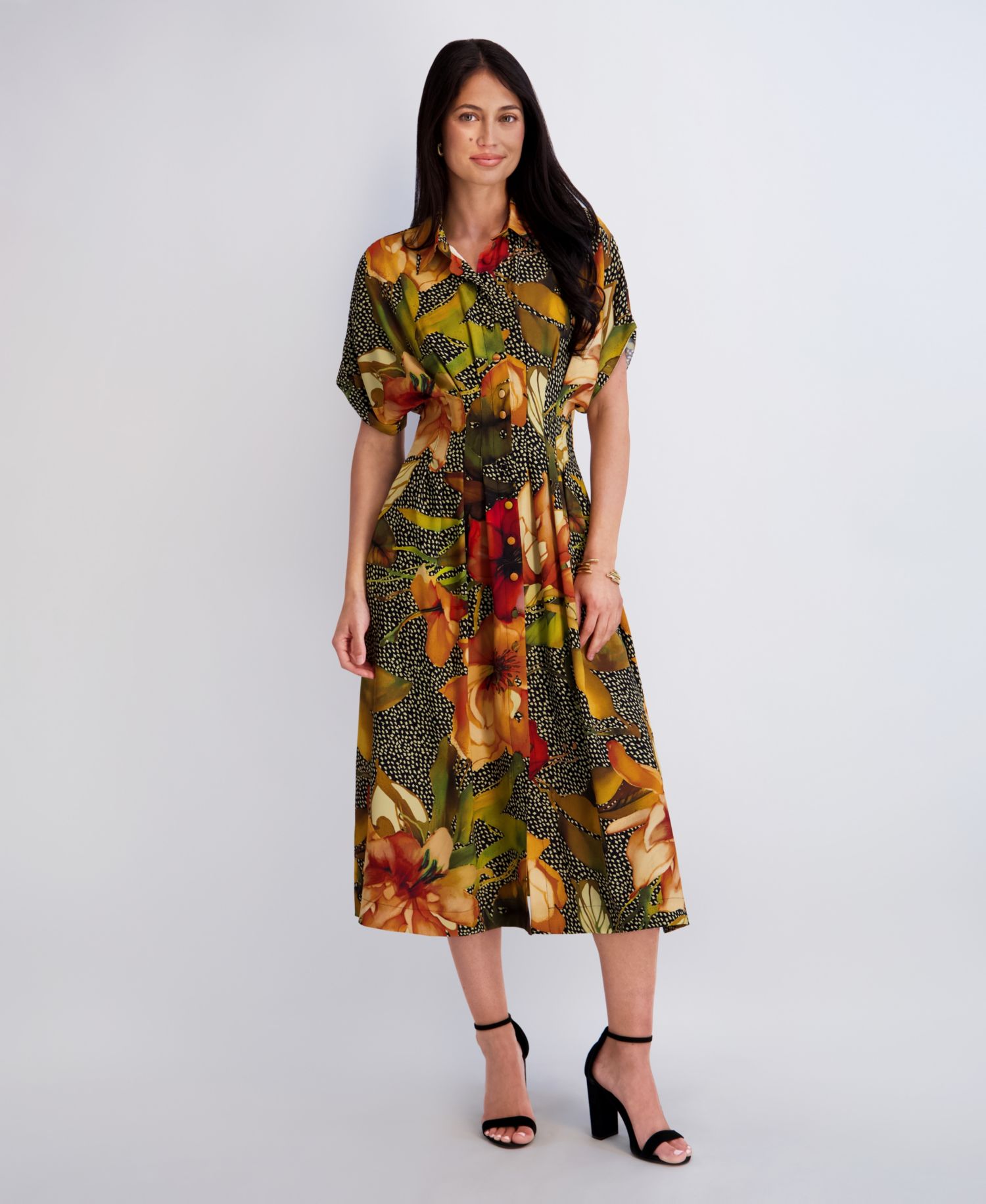 Women's Button-Front Collared Neck Midi Shirt-Dress