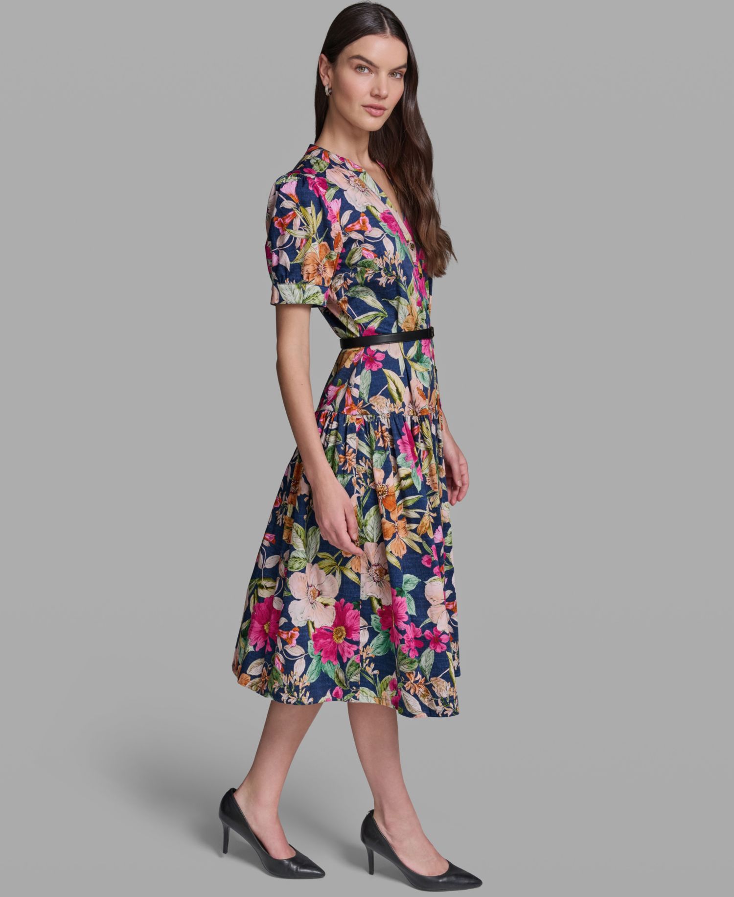 Women's Floral Printed V-Neck Belt Dress