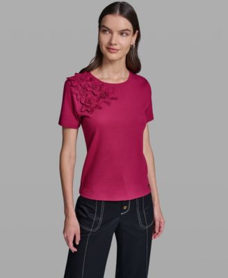 Women's Floral Applique Short-Sleeve Rib Knit Top