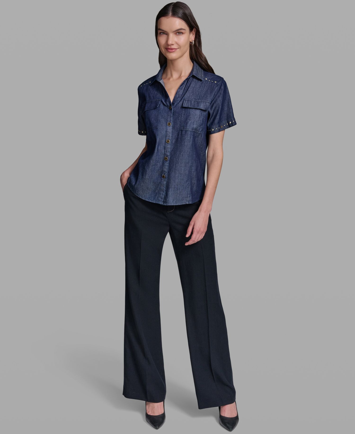 Women's Short-Sleeve Nailhead Trim Camp Shirt