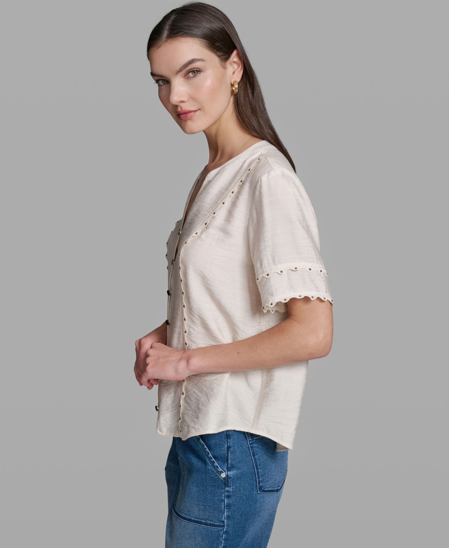 Women's Short-Sleeve Nailhead Trim Woven Top