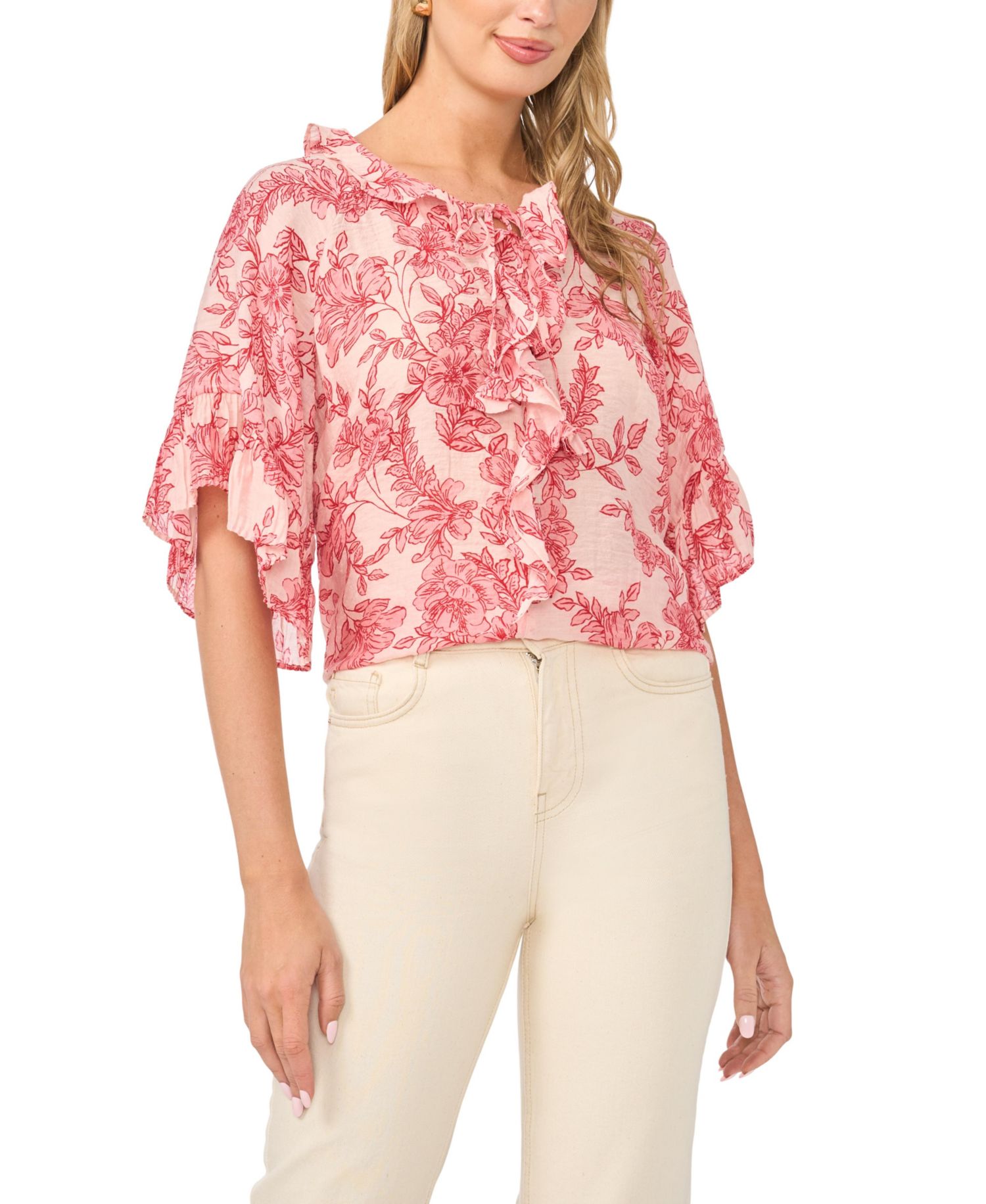 Women's Printed Crewneck Ruffle Front Top