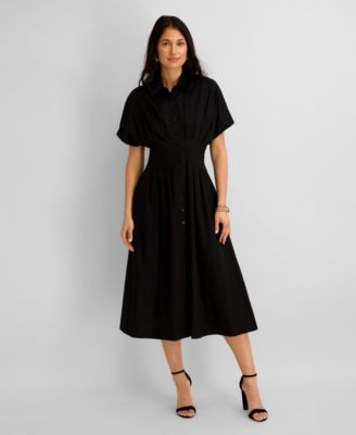 Women's Button-Front Cinched Waist Cotton Midi Shirt-Dress