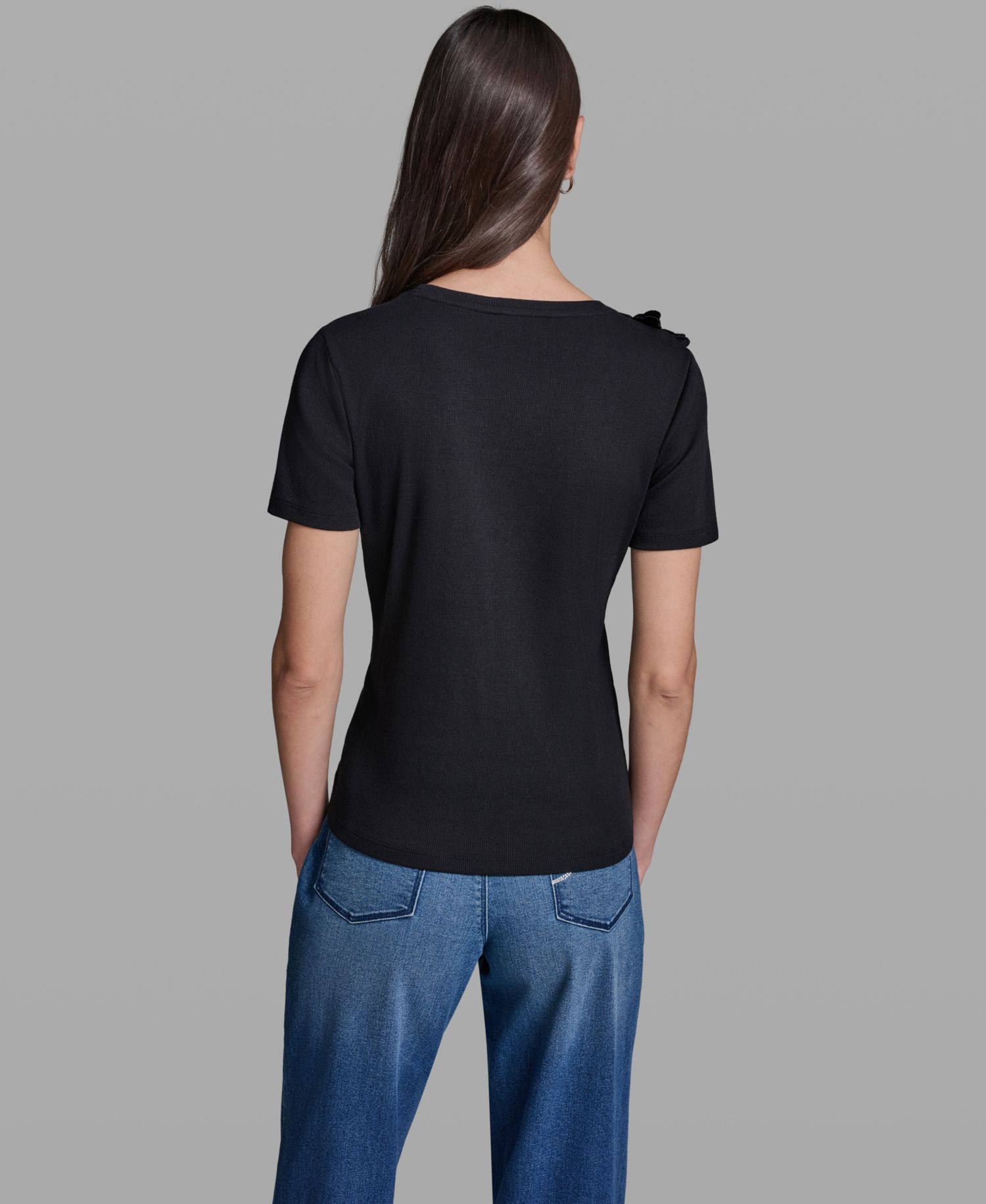 Petite Floral Applique Short-Sleeve Rib Knit Top