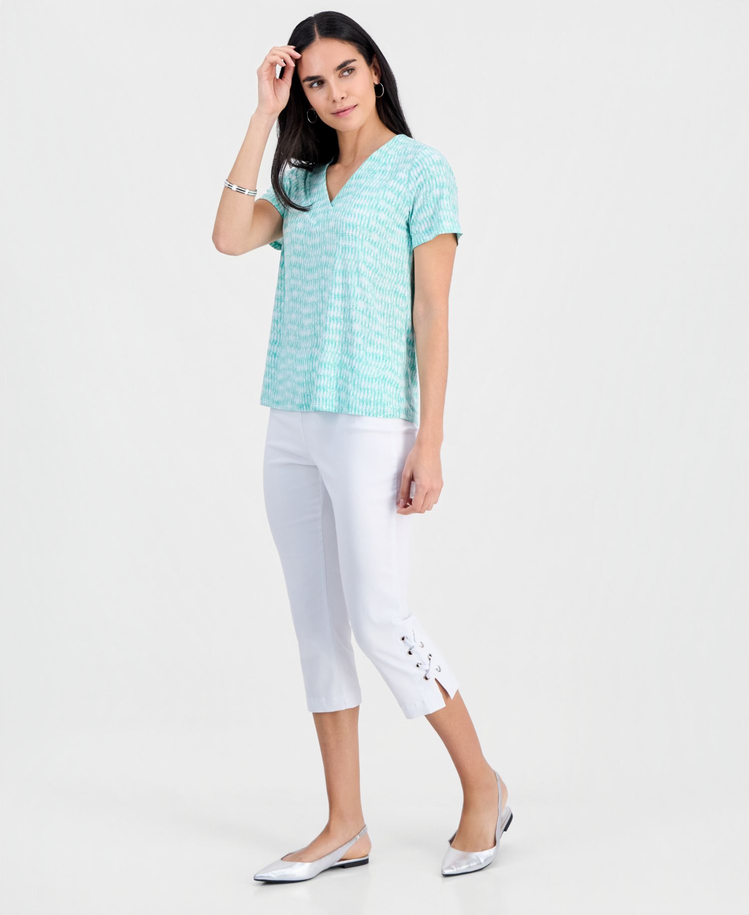 Petite Short-Sleeve Jacquard V-Neck Top