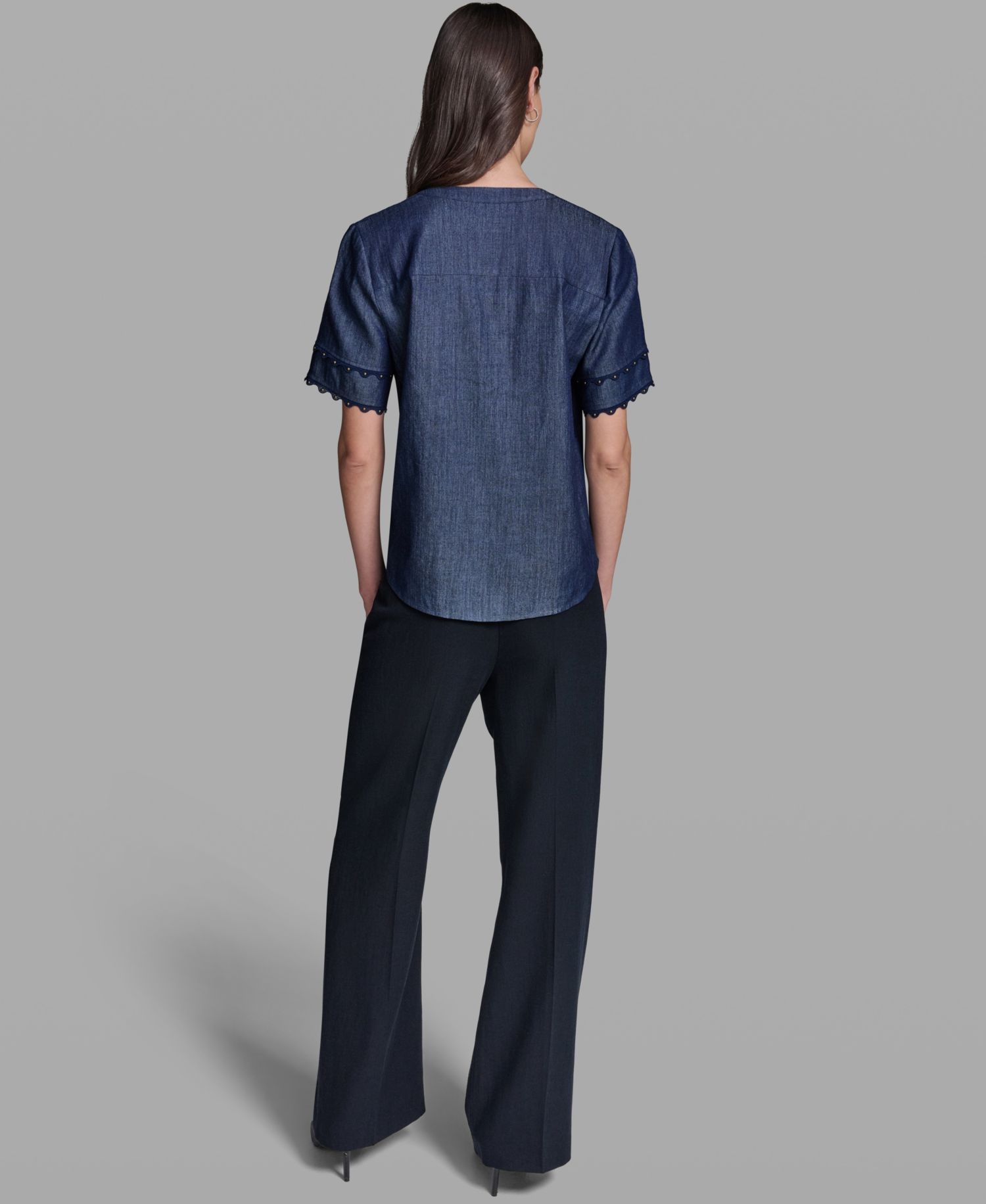 Women's V-Neck Nailhead Trim Short-Sleeve Blouse