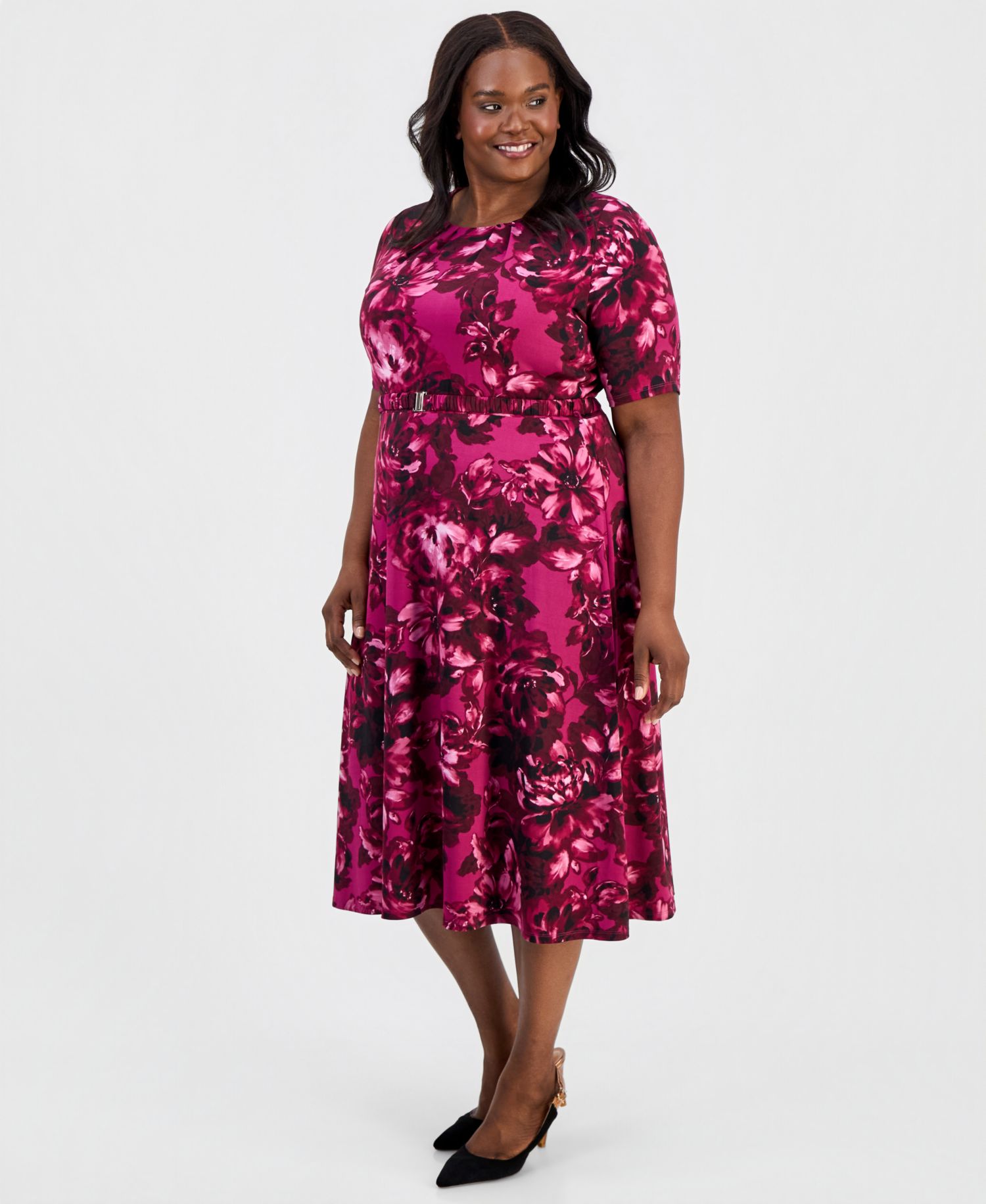 Plus Size Pleated Belted Fit & Flare Dress
