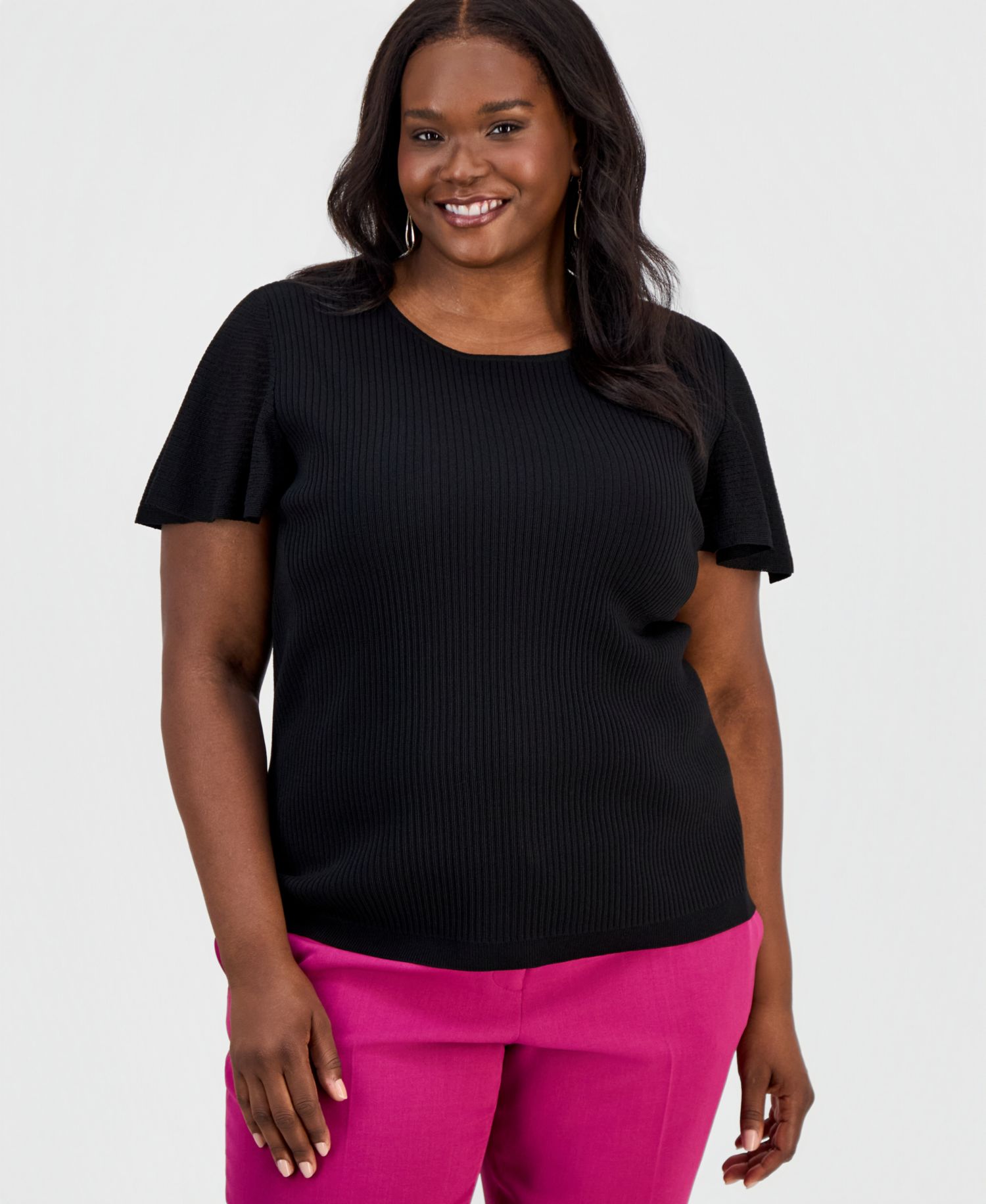 Petite Crewneck Flutter-Sleeve Rib-Knit Sweater