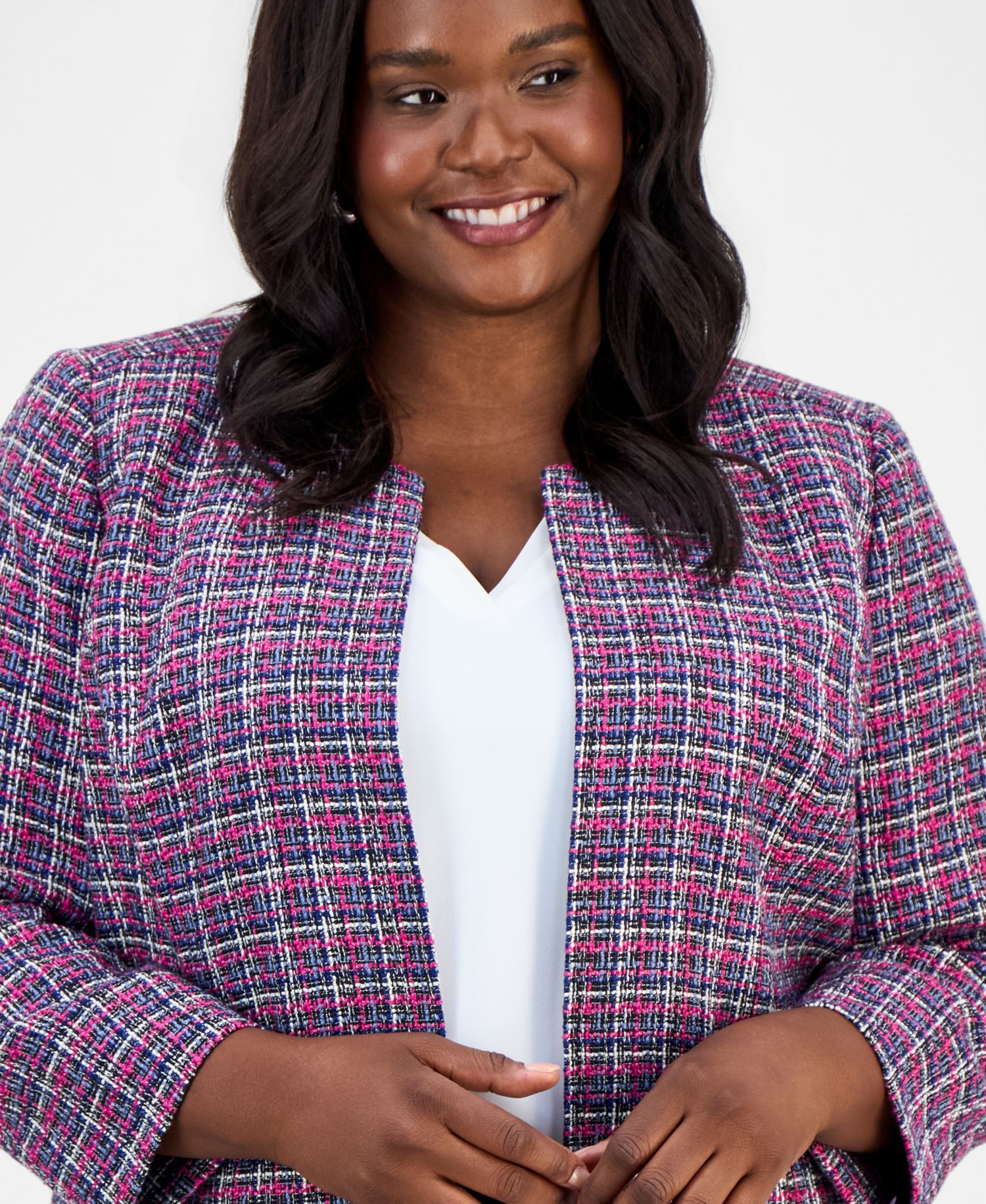 Plus Size Tweed Open-Front Long-Sleeve Jacket
