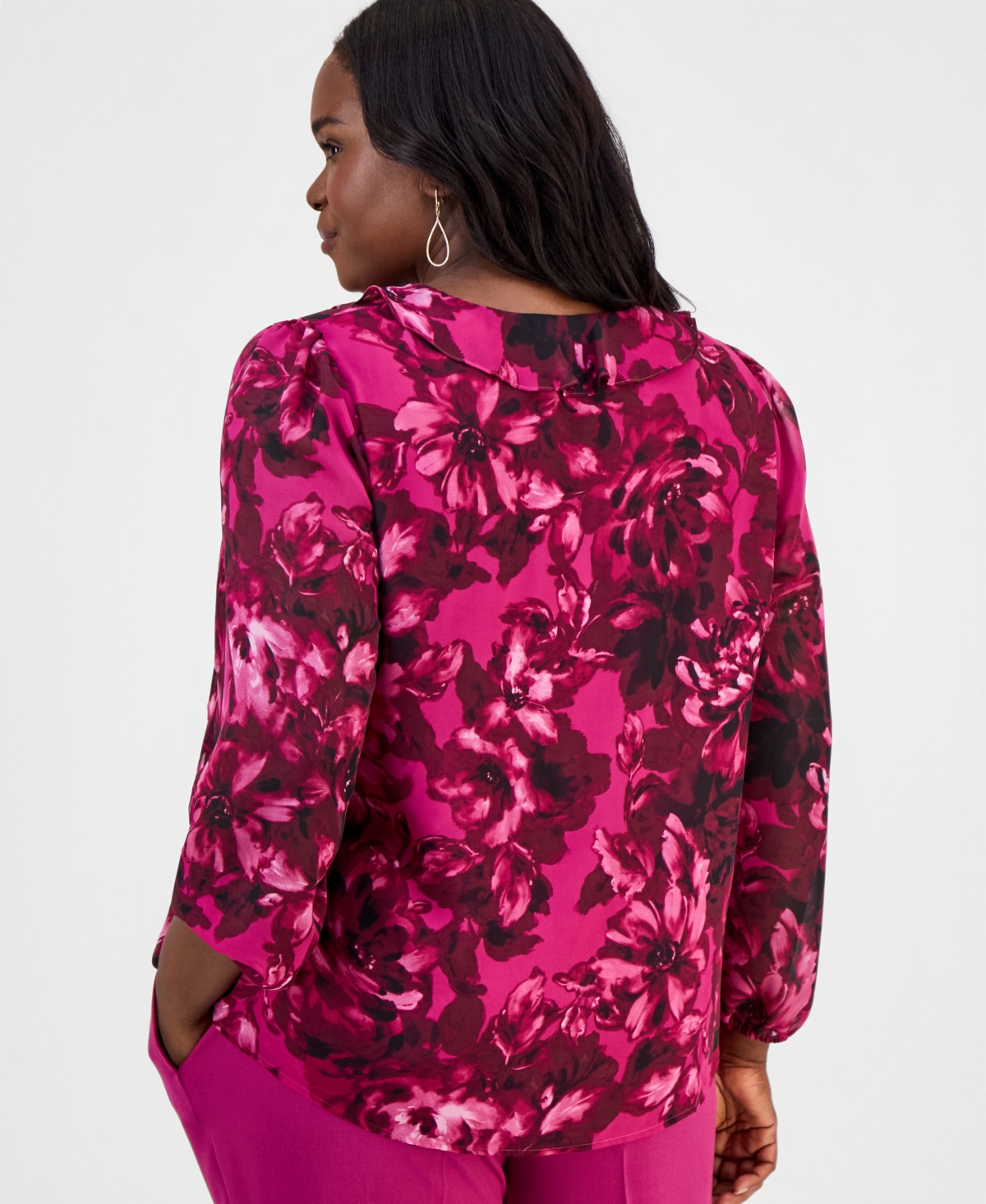 Kasper Plus Printed Ruffled Surplice Top