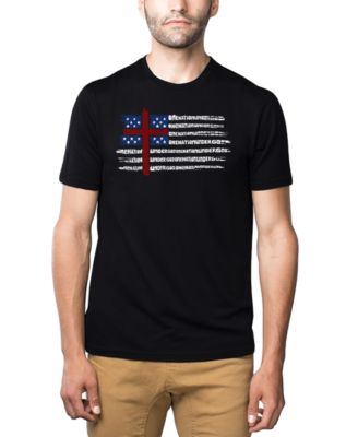 Men's One Nation Under God American Flag Cross Word Art Cotton and Polyester Blend T-Shirt