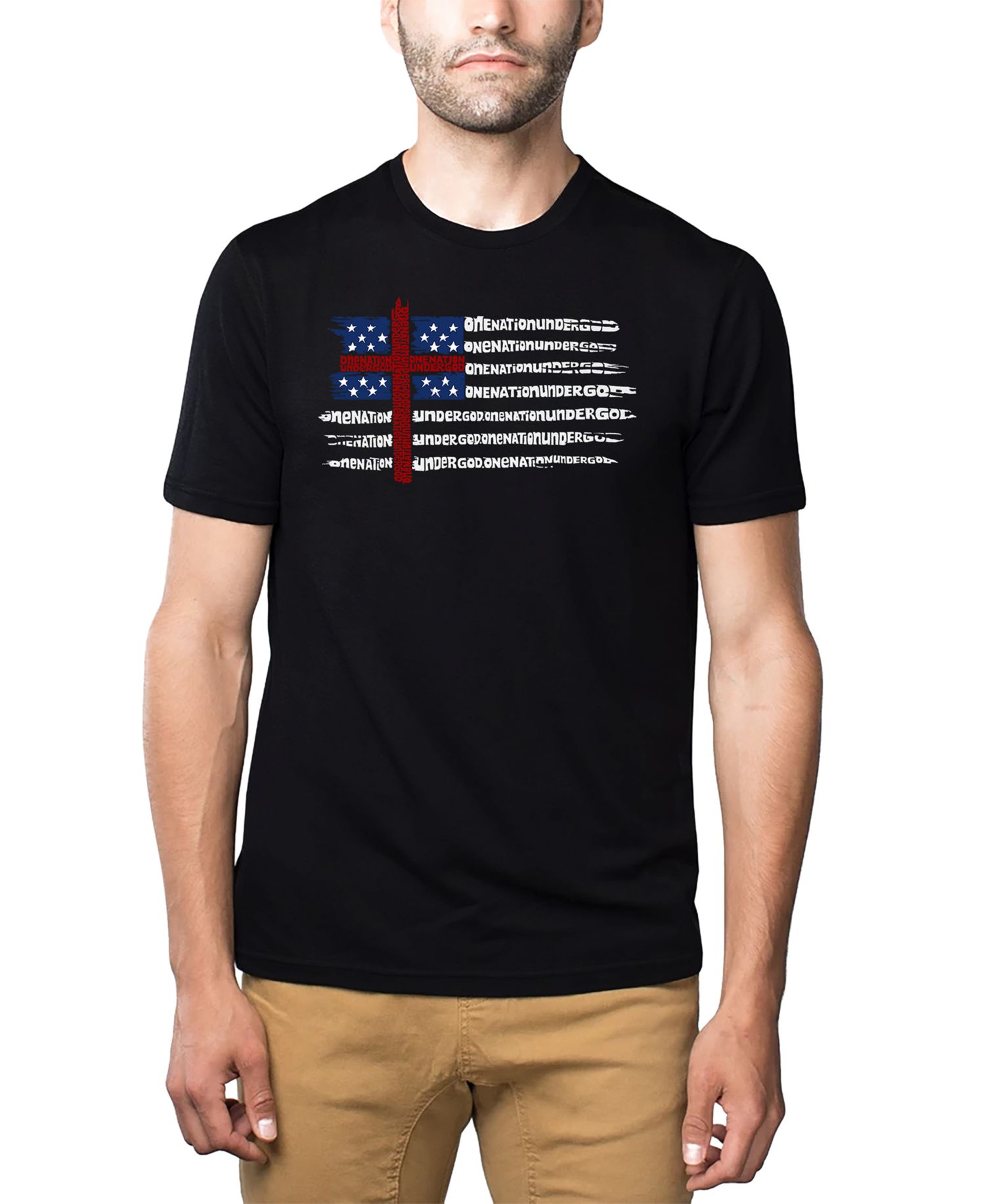 Men's One Nation Under God American Flag Cross Word Art Cotton and Polyester Blend T-Shirt
