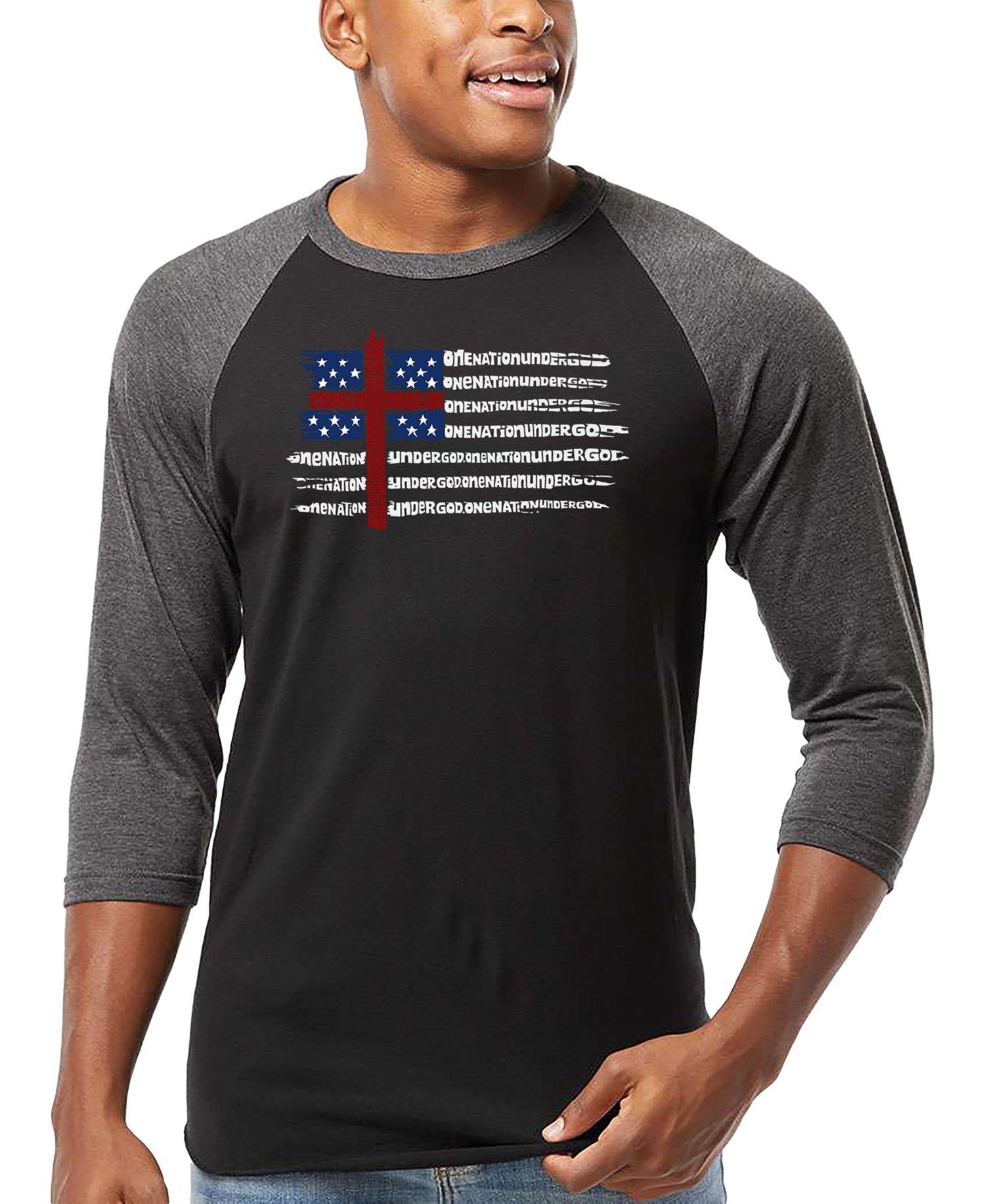 Men's One Nation Under God American Flag Cross Raglan Baseball Word Art T-Shirt