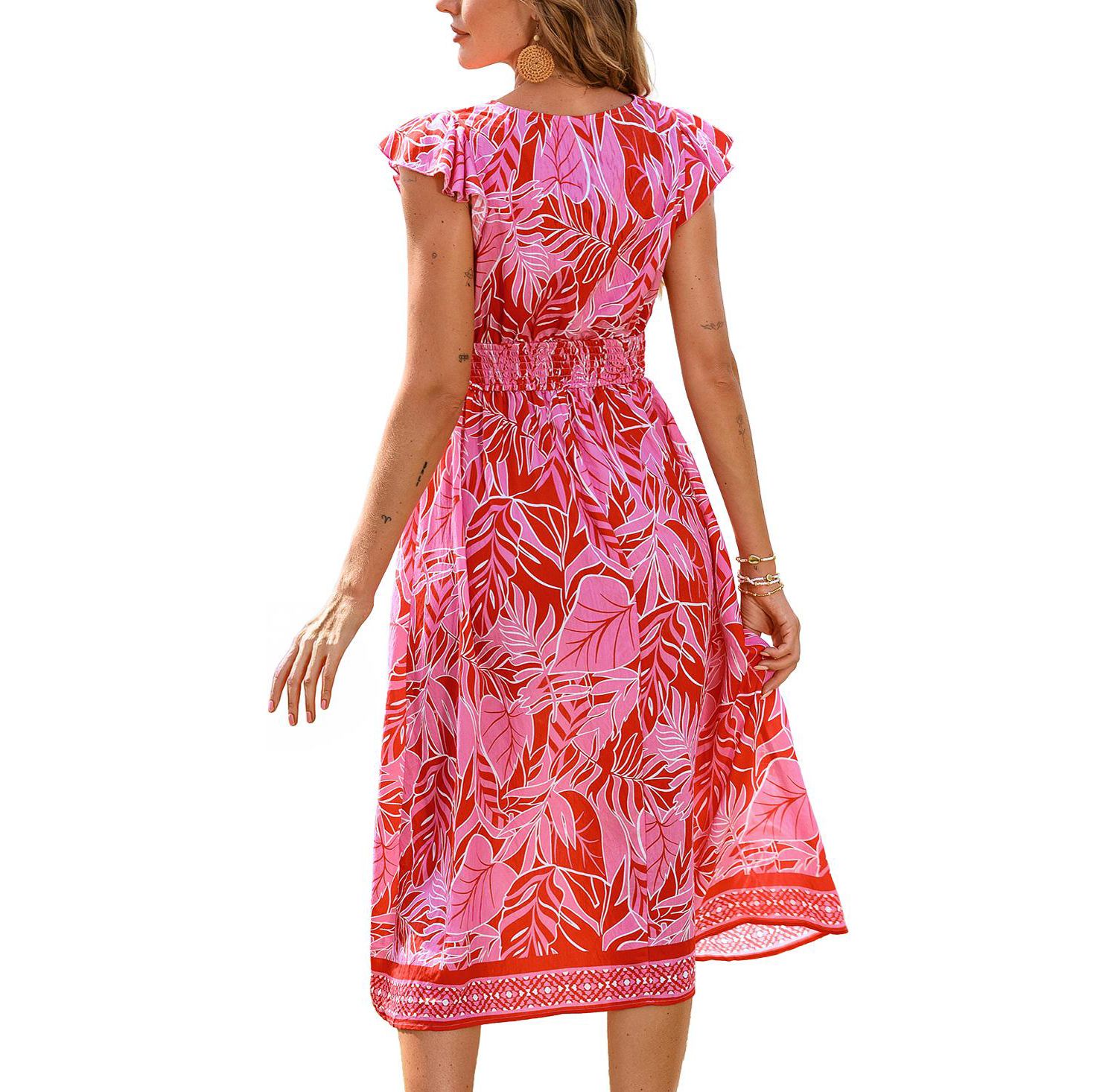 Women's Printed V-Neck Flutter Sleeve Beach Dress