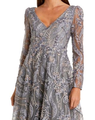 Mac Duggal Women's Floral Embroidered Long Sleeve V Neck Midi Dress - Macy's