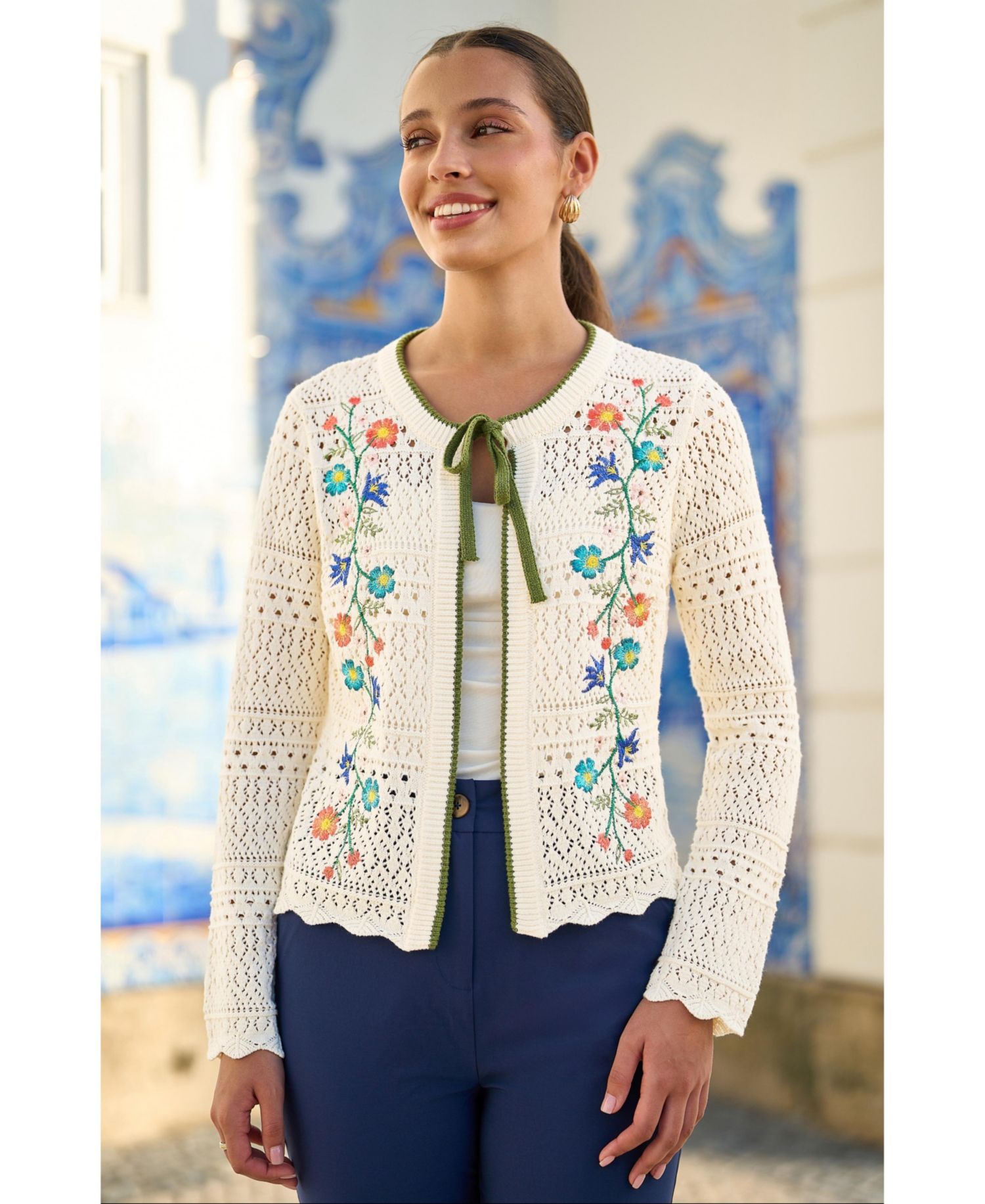 Women's Crochet Knitted Tie Front Cardigan