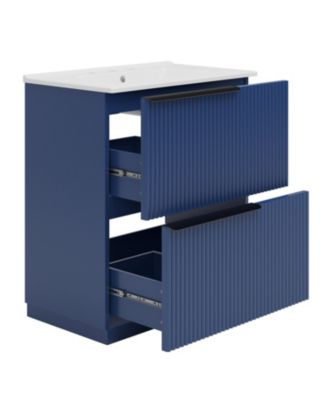 Bathroom Vanity with Ceramic Sink Full Extension Drawers Soft Close Slides Fluted Design Blue Freestanding Storage Cabinet