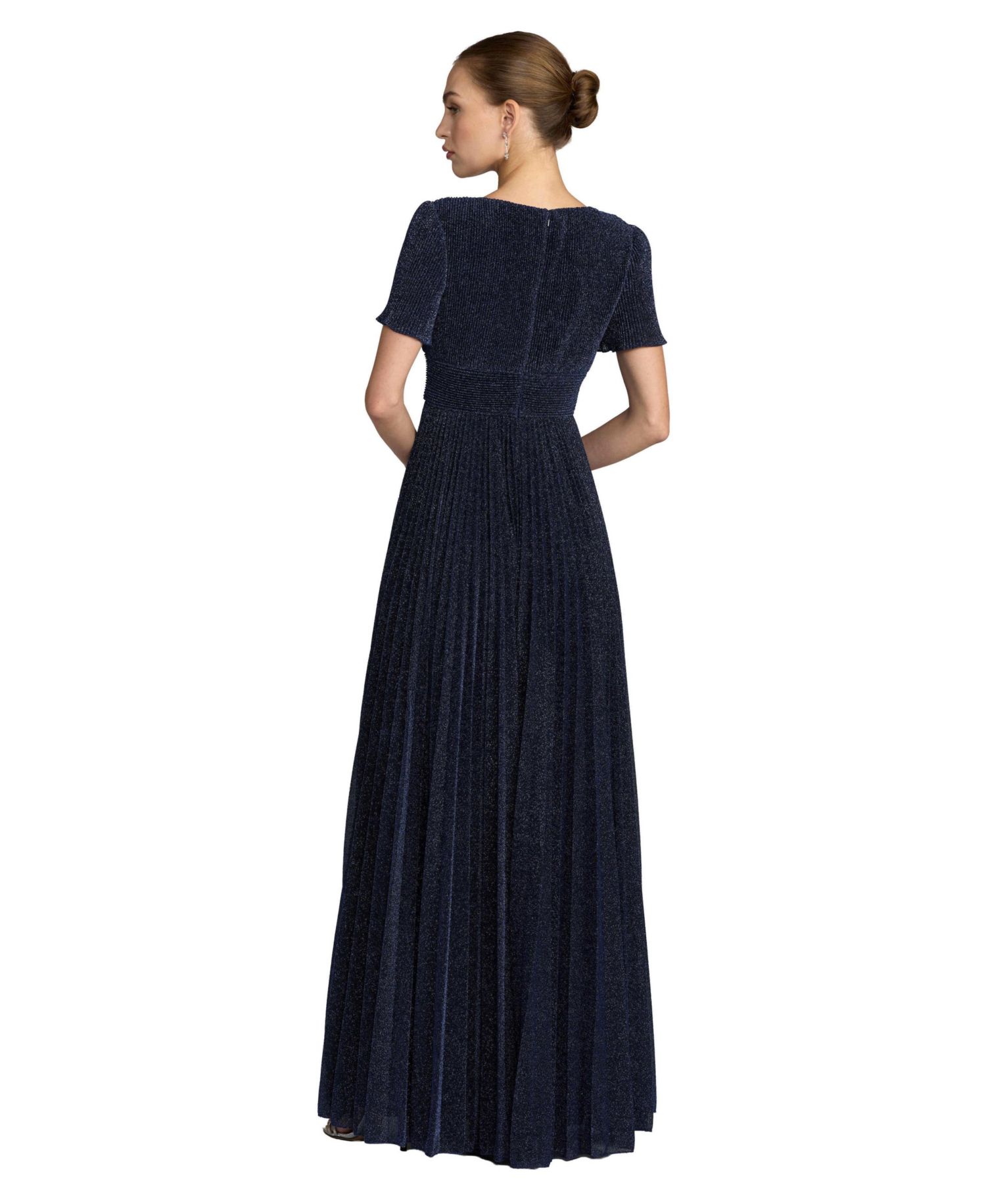 Petite Pleated Metallic Flutter Sleeve A Line Gown