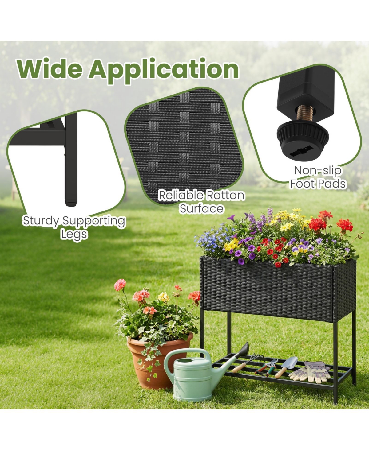 Gymax Elevated Planter Box Raised Garden Bed Rattan Surface Bottom Storage Shelf