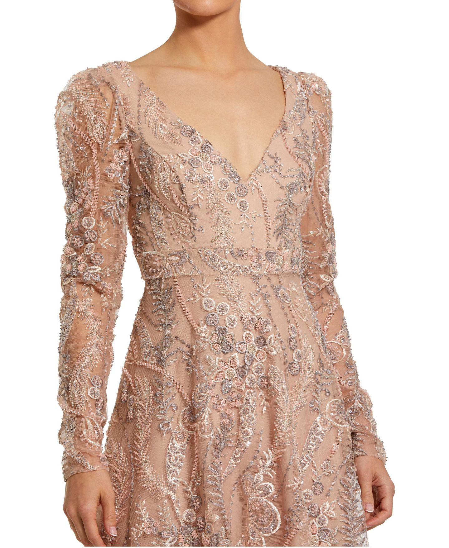 Женское платье Mac Duggal Floral Embroidered V Neck Long Sleeve Gown, цвет: Серо-коричневый — фото 3