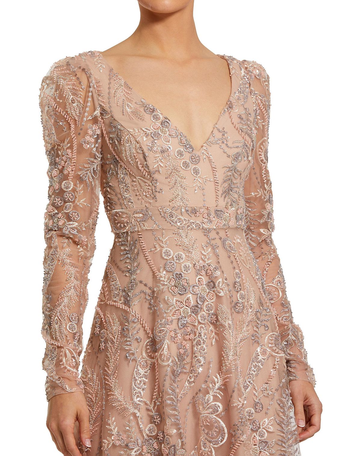 Mac Duggal Women's Floral Embroidered V Neck Long Sleeve Gown view 3 — MAYCSS fashion products
