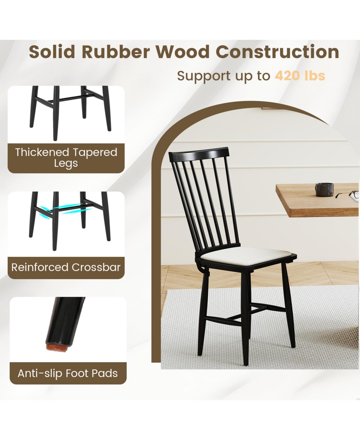 Slickblue Farmhouse Windsor Dining Chairs Set of 2 with Seat Cushions