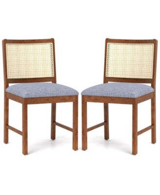 Set of 2 Rattan Dining Chairs with Wooden Frame and Linen Fabric Cushioned Seat