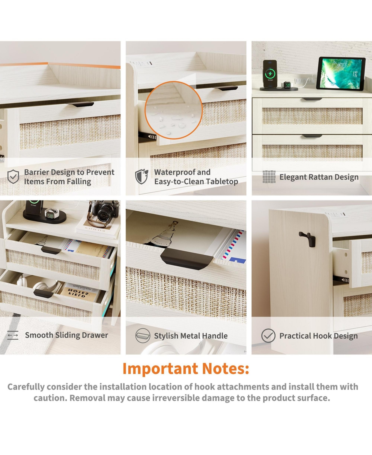 gaomon Adults 2-Drawer Rattan Nightstand - Wood Bedside Table for Bedroom Storage