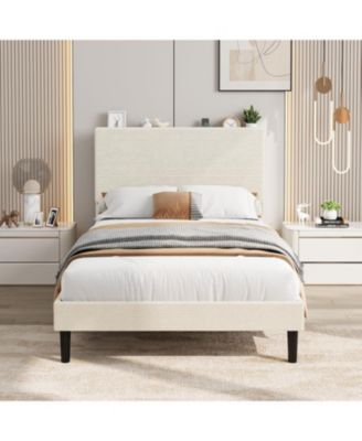 Bed Frame with USB Charging Station, Corduroy Upholstered Platform Bed Frame with Adjustable Storage Headboard, Wooden Slats Support