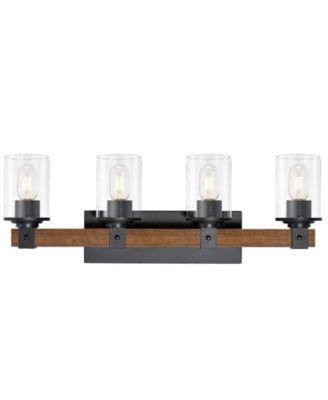 4 Light Industrial Farmhouse Vanity Light Wood Metal Fixture Clear Glass Shades for Bathroom Kitchen Wall Mount
