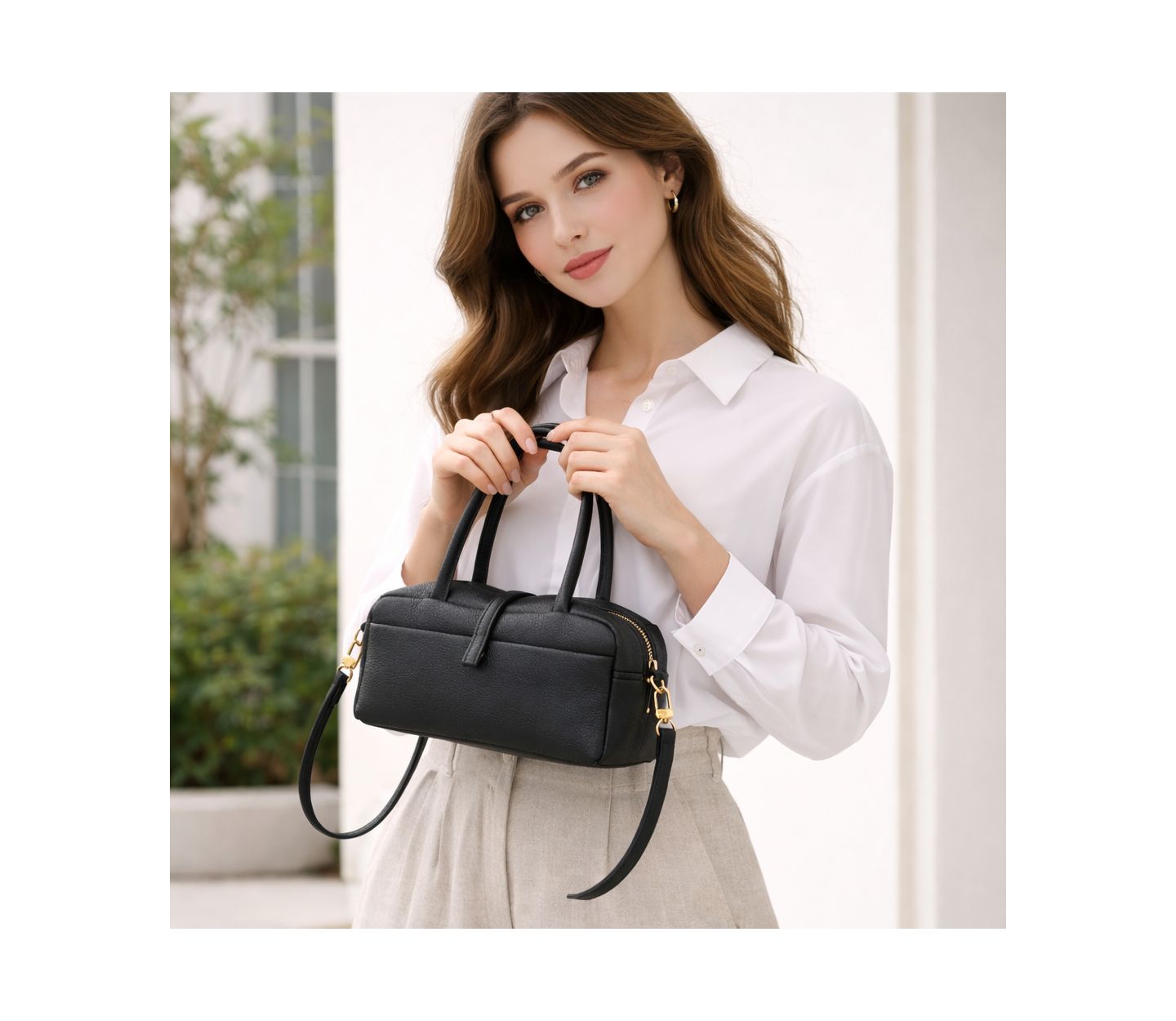 Женская сумка SUSU Madison Soft Pebbled Leather Mini Top Handle Satchel Crossbody Bag Small Structured Camera Handbag, цвет: Чёрный — фото 4