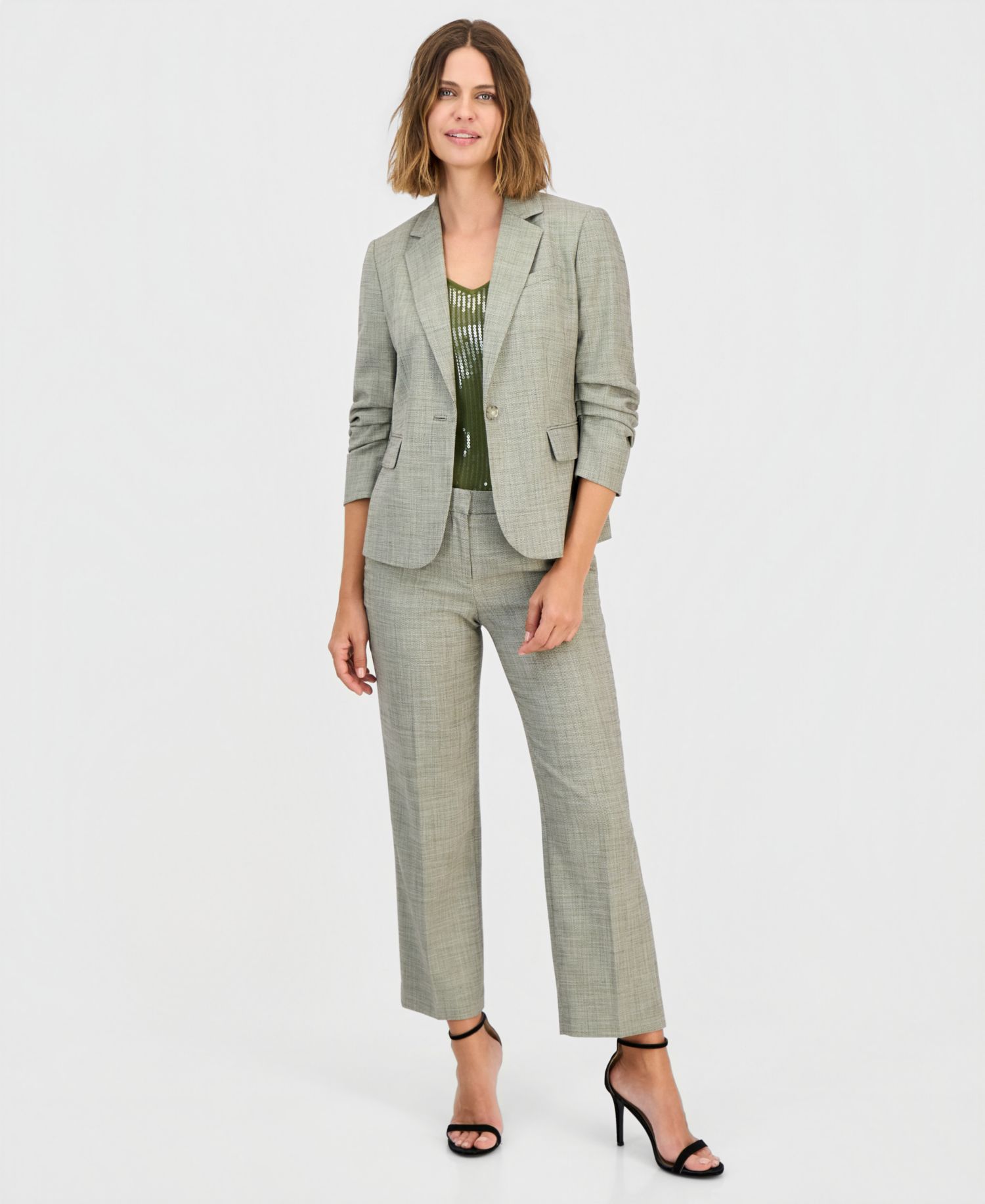 Scrunch-Sleeve Blazer & Sequinned Camisole & Ankle Pants
