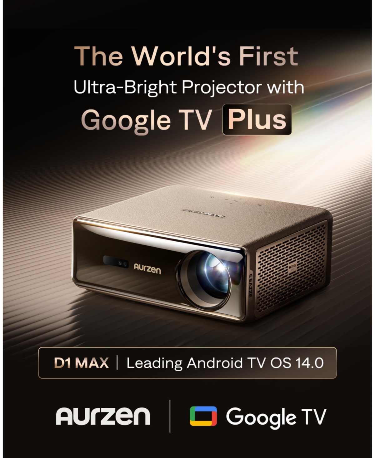 Aurzen Portable Home Theater Projector with Latest Google Tv Built-in, 1000 Ansi Lumens, Memc Tech, 4K Support, 20W DoIby Audio, Fully Automatic