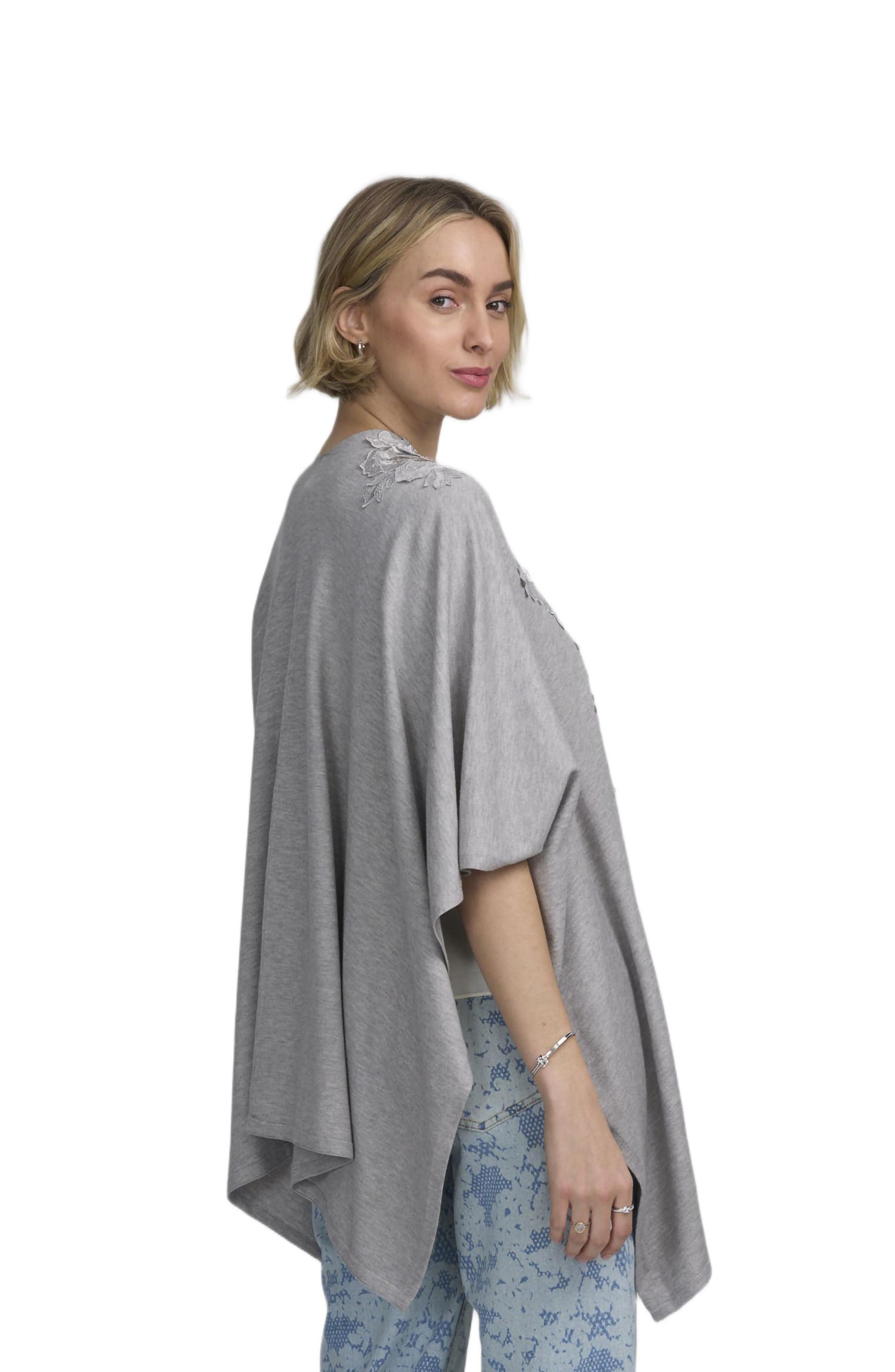 Fine Gauge Draped Cardigan With Lace Applique