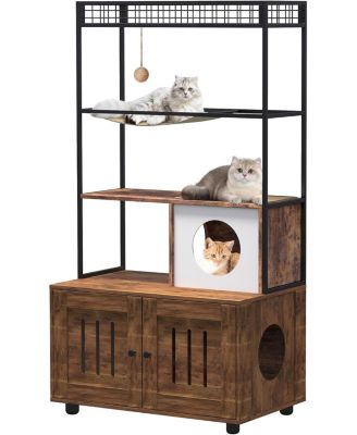 Cat Litter Box Enclosure Furniture with Hidden Box, Cat House, Scratching Hammock, Feeding Station, Shelves, and Dog Proof Cabinet.