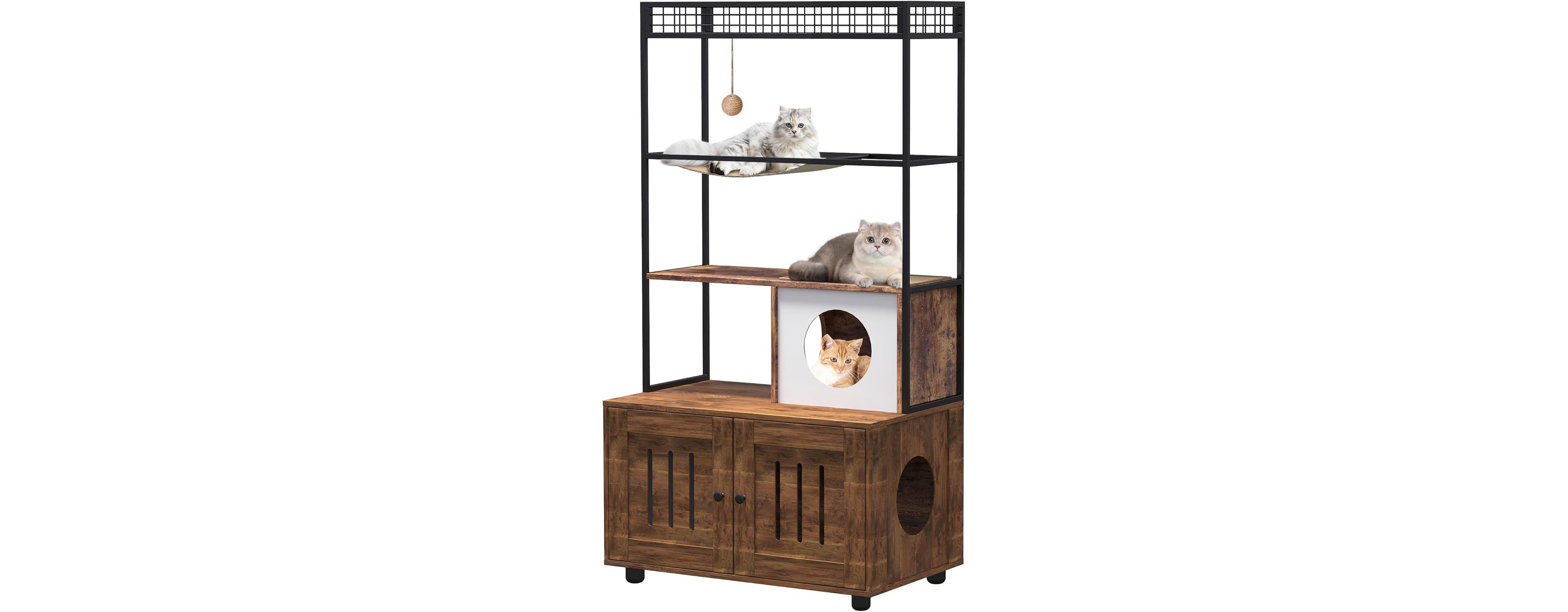 Gaomon Cat Litter Box Enclosure Furniture with Hidden Box, Cat House, Scratching Hammock, Feeding Station, Shelves, and Dog Proof Cabinet.