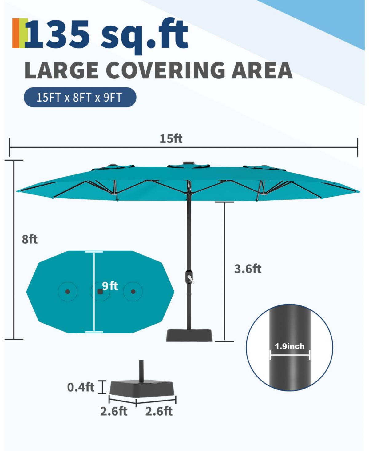 gaomon Large Outdoor 15FT Double-Sided Rectangular Patio Umbrella with Base for Pool