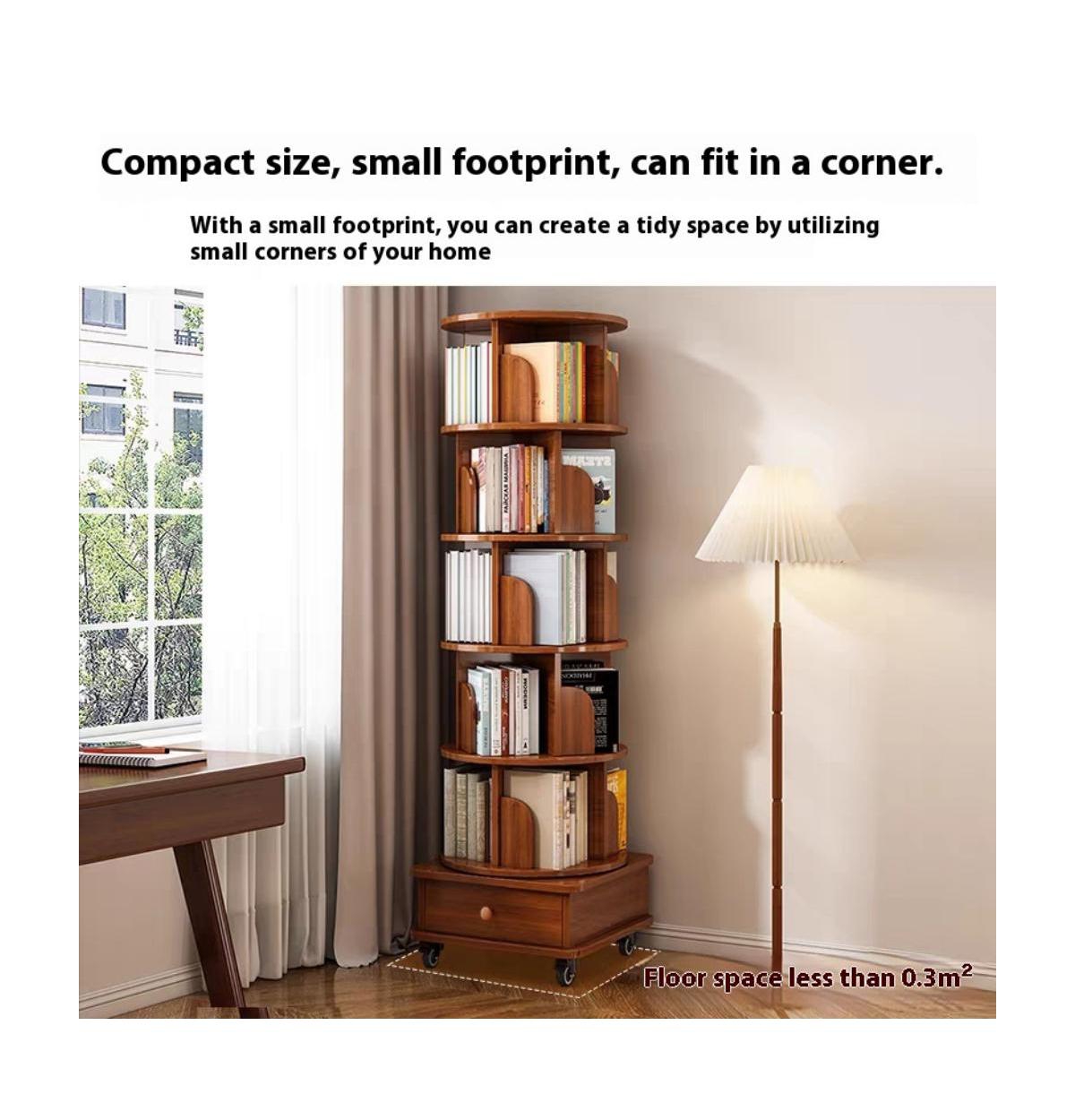 sumyeg 360 Degree Rotating Display Corner Bookshelf 6 Tier Bookcase Storage Rack with Wheels