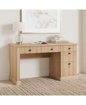 54" Modern Fluted Home Office Desk with Charging Station - Wooden Executive Computer and Writing Desk with File Drawers for Study Room