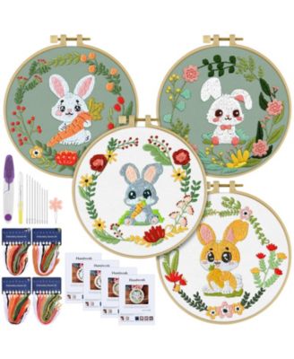 4 Sets Embroidery Kit Rabbit Animal Cross Stitch Cloth Hoops Threads