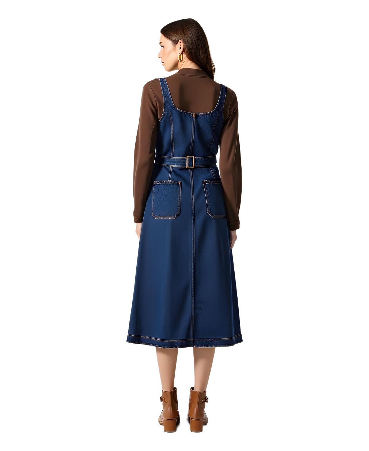Modenaire Women's Square-Neck Zip-Front Denim Midi Dress with Belt view 2 — MAYCSS fashion products
