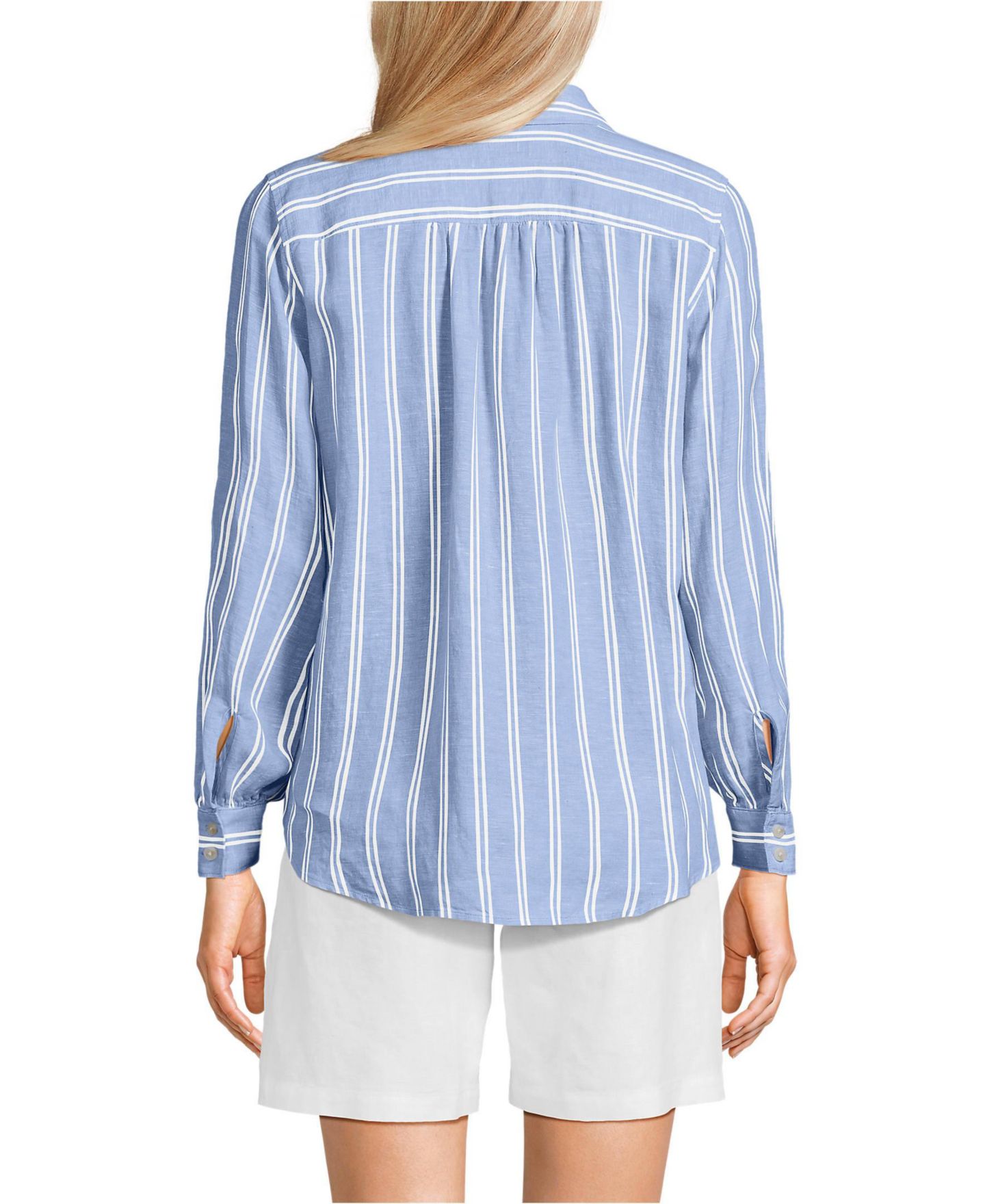 Женская рубашка Lands' End Tall Linen Long Sleeve Feminine, цвет: Прозрачный синий небесно-голубой полосатый — фото 2