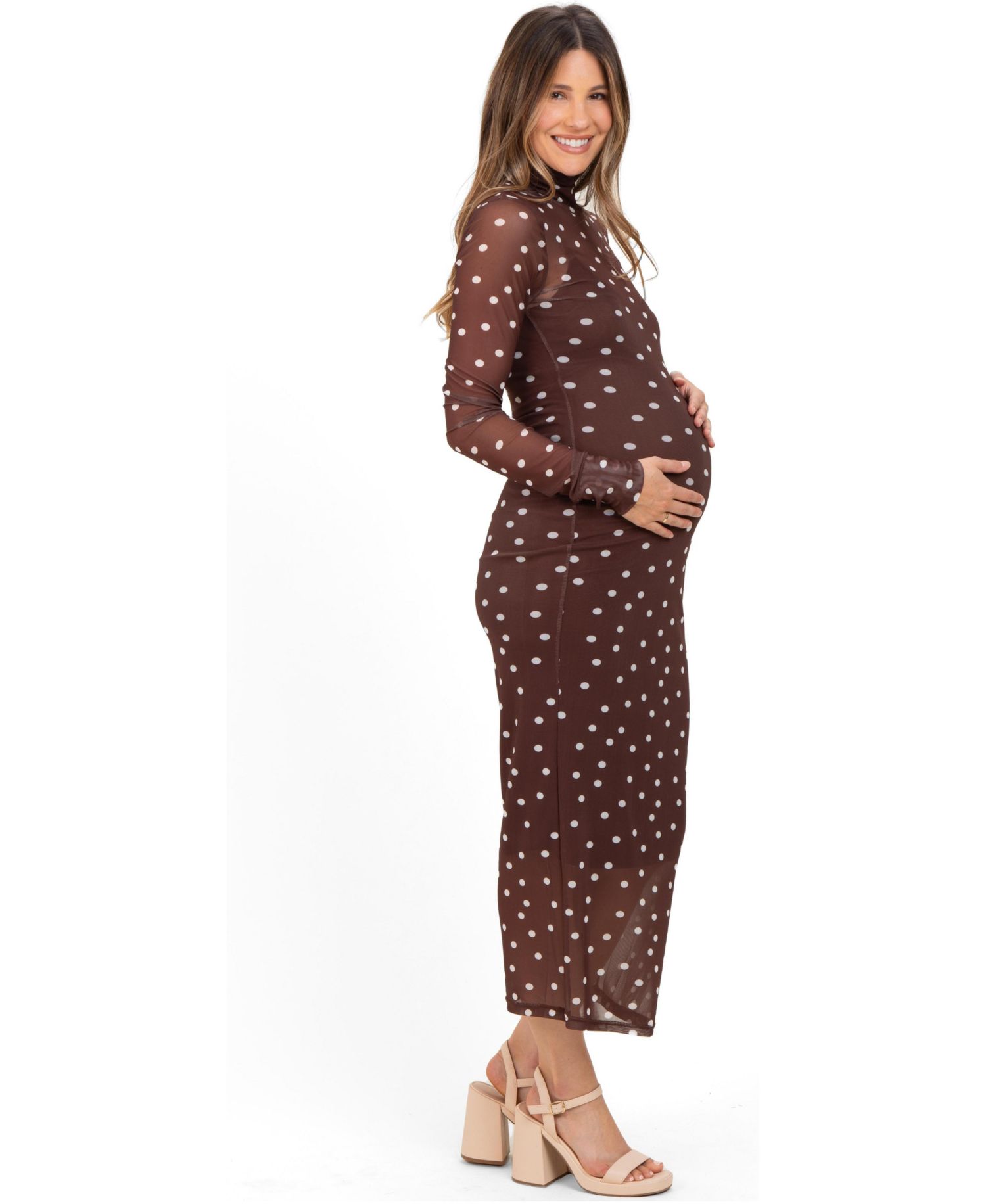Women's Mocha Polka Dot Mesh Overlay Midi Dress