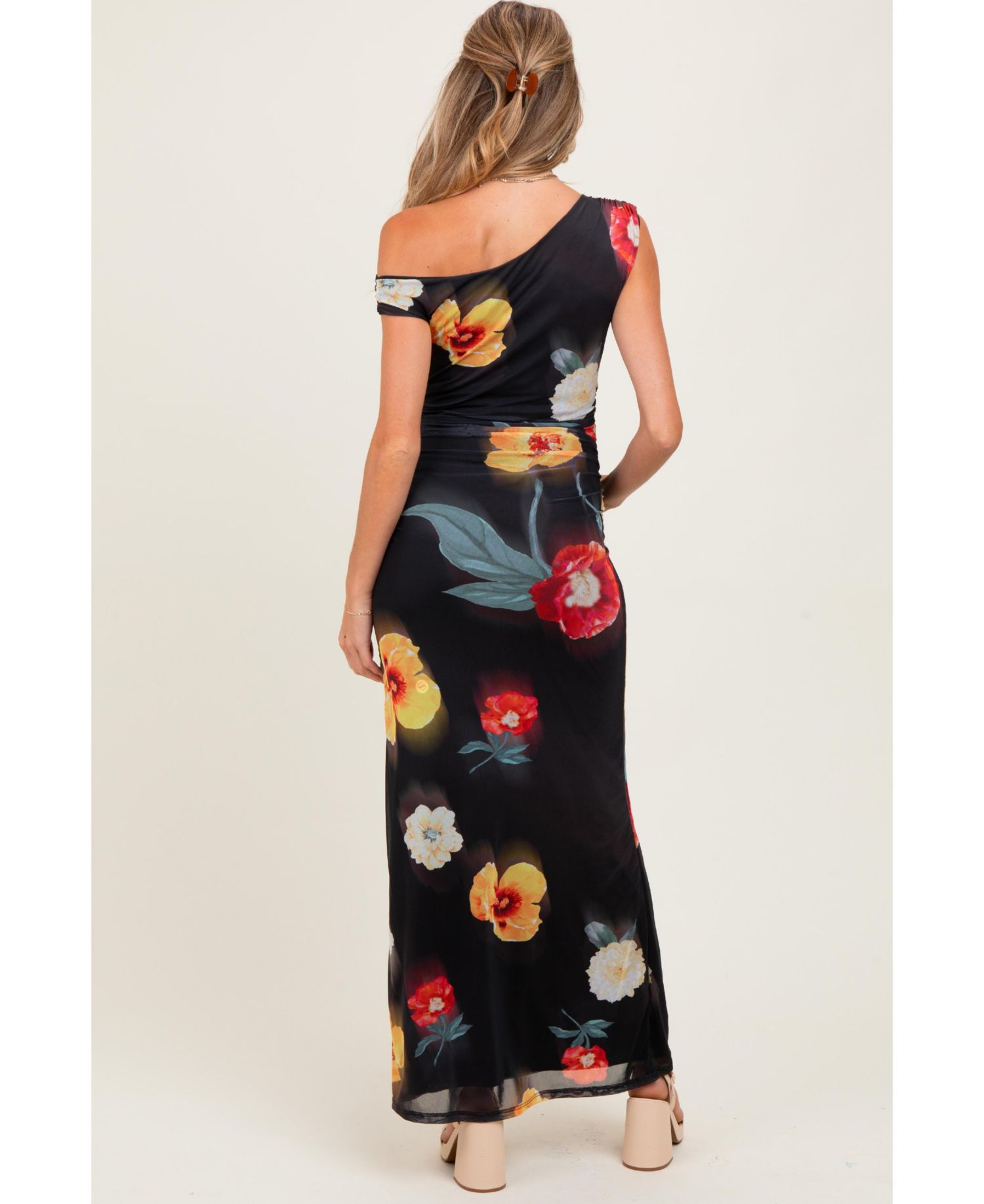 Women's Black Mesh Floral One Shoulder Maxi Dress