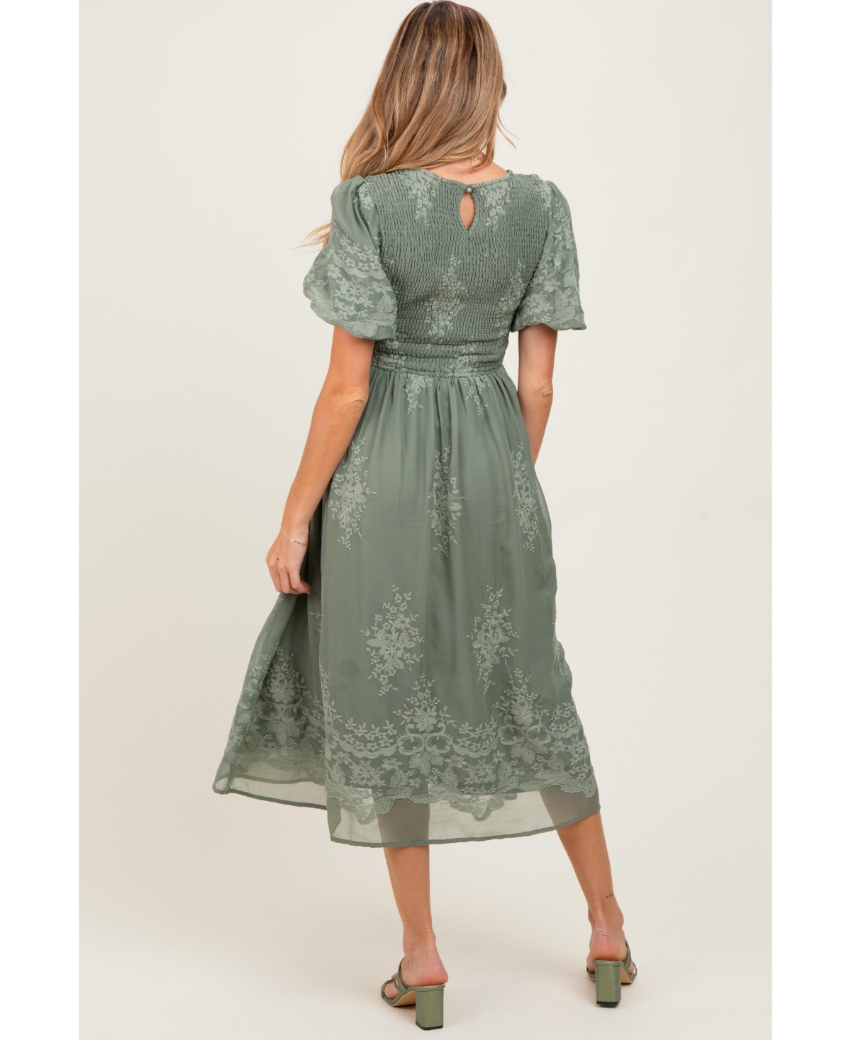 Pinkblush Maternity Light Olive Floral Lace Smocked Midi Dress