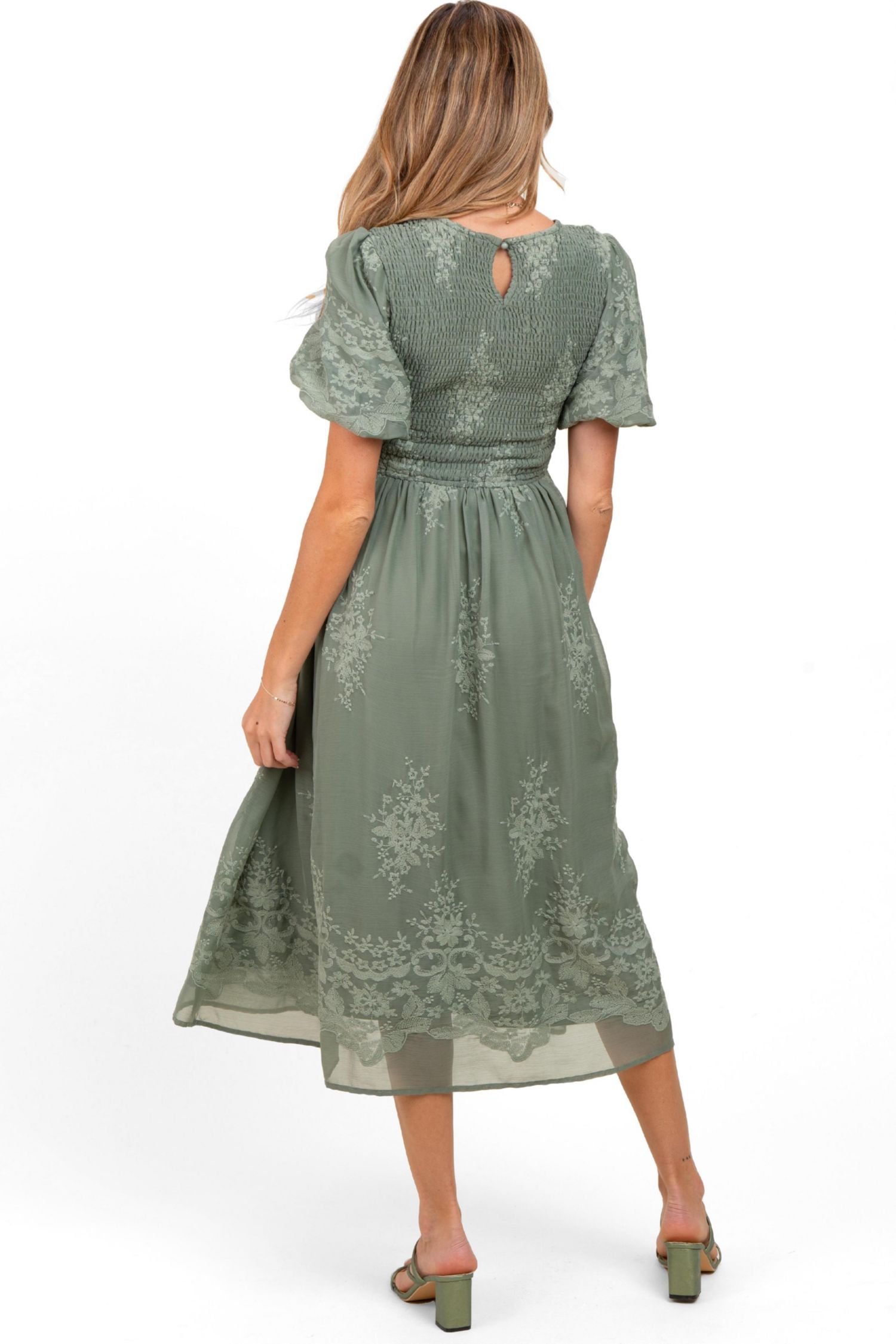 Women's Light Olive Floral Lace Smocked Midi Dress