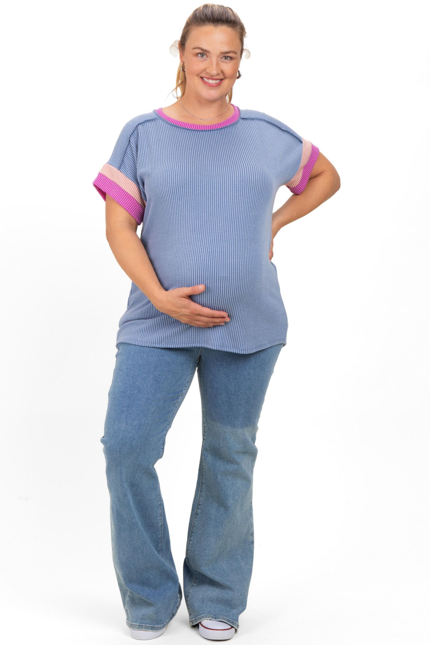 Women's Maternity Ribbed Colorblock Detail Plus Short Sleeve Top