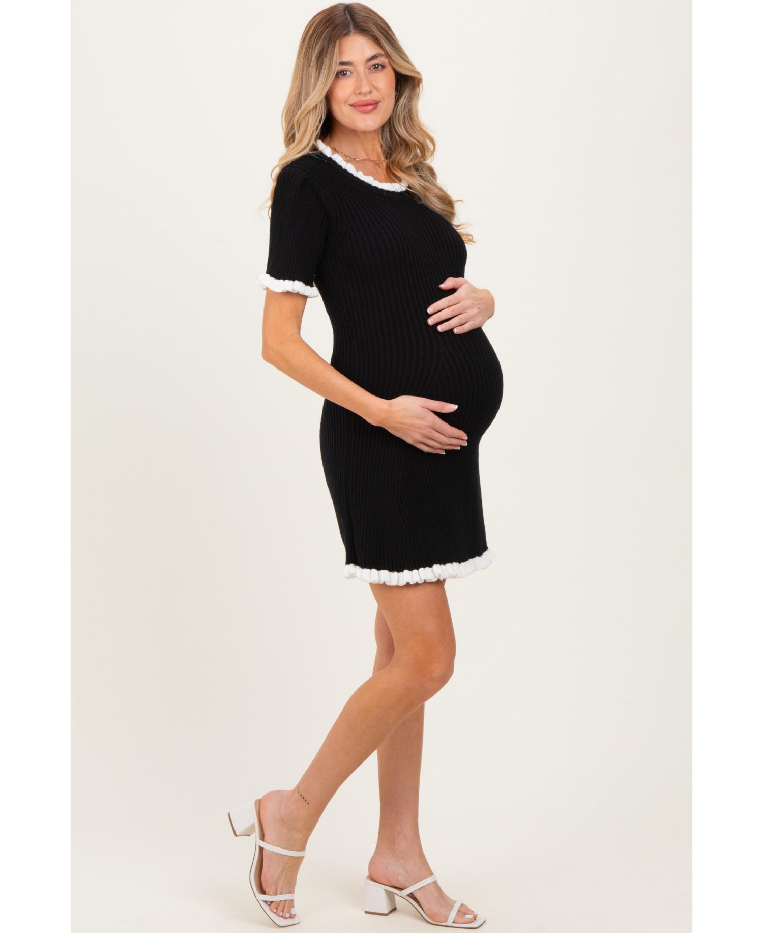 Women's Ribbed Knit Ruffle Trim Mini Dress
