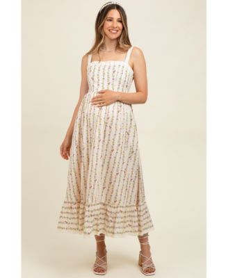 Women's Cream Floral Textured Cotton Lace Trim Maxi Dress