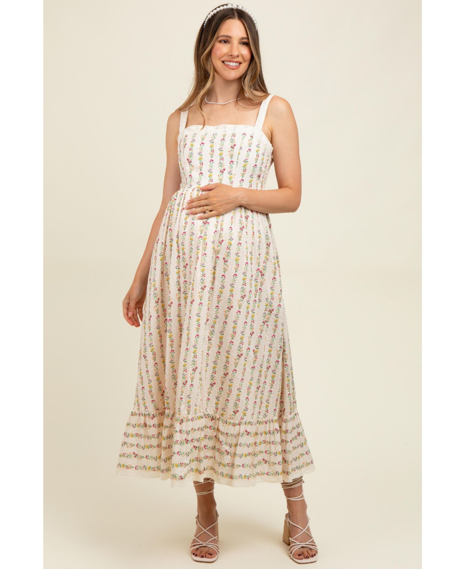 Women's Cream Floral Textured Cotton Lace Trim Maxi Dress